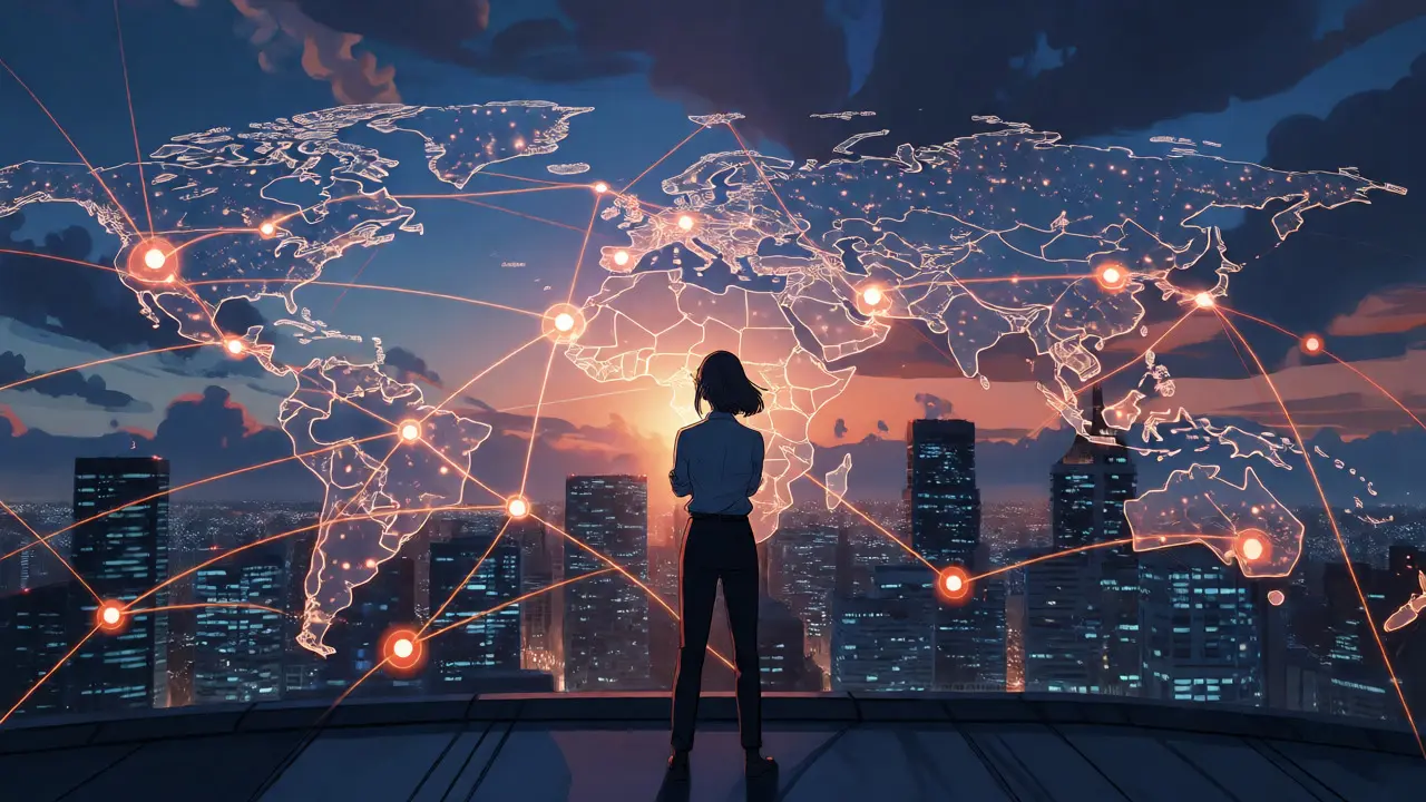Fintech leader overlooking a global blockchain network map over a city at dawn.
