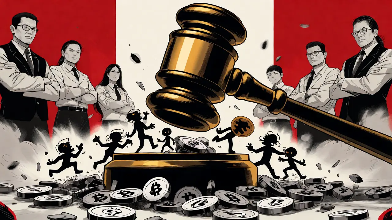 Giant gavel crushing unlicensed crypto exchange logos under regulatory pressure.
