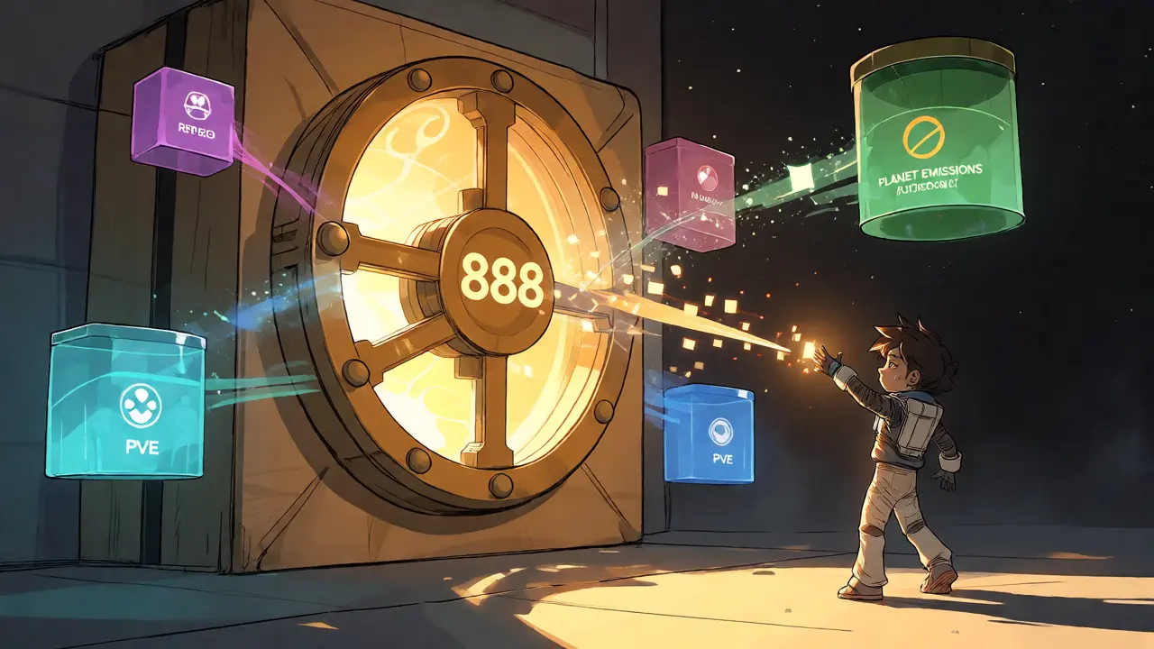 Glowing token streams flowing from a vault into various ecosystem pools in anime art.
