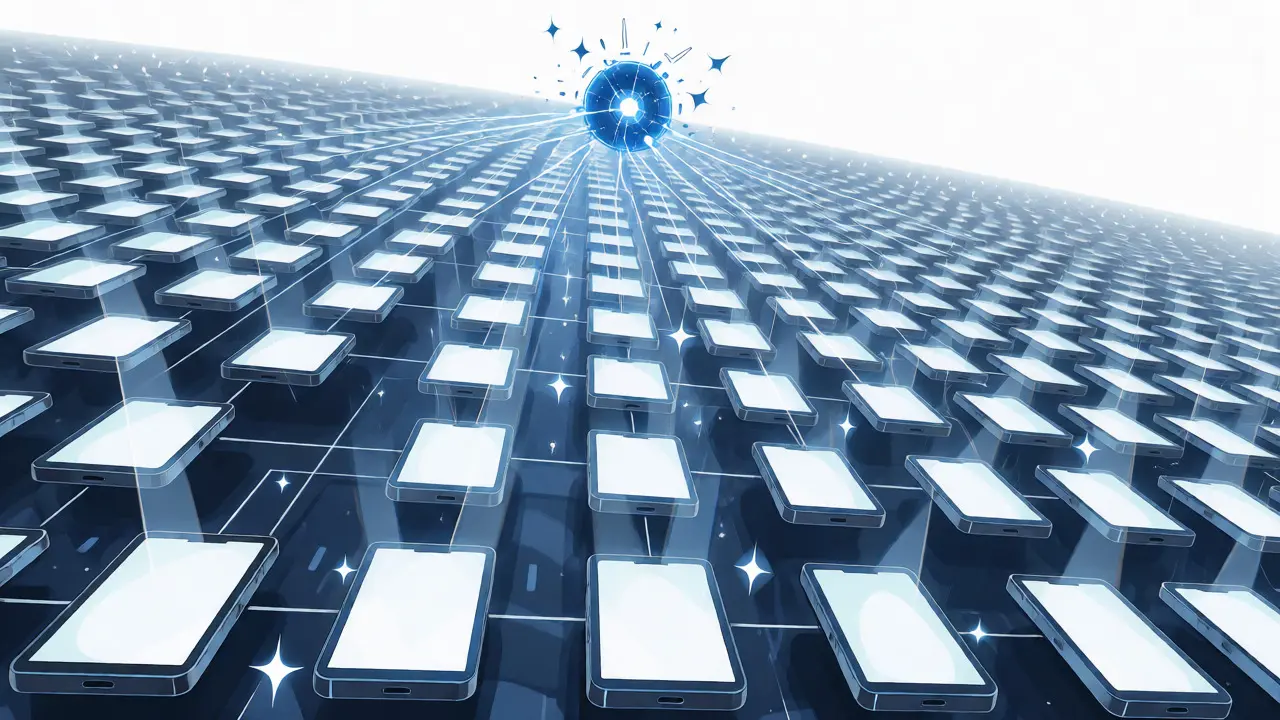 Grid of smartphones connecting to a central computing node
