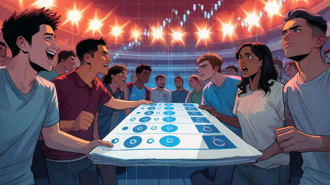 Group of fans connected by a digital blockchain visualization.