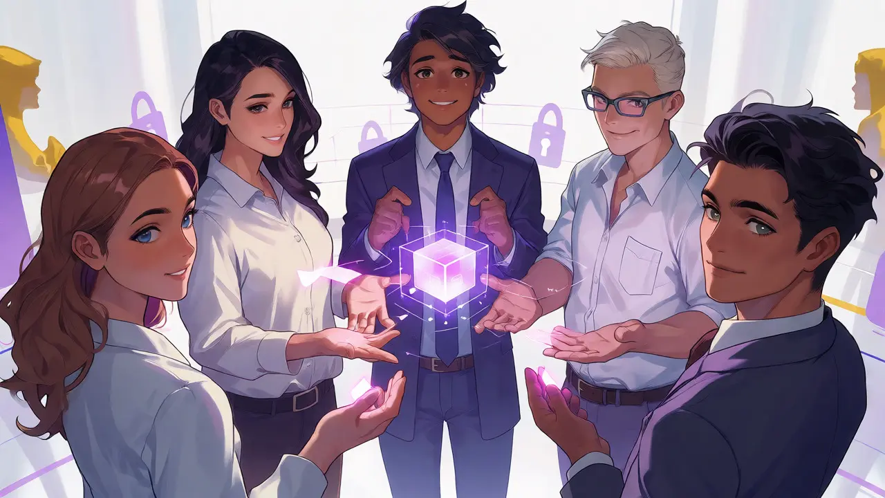 Group sharing data securely through a glowing central blockchain cube.