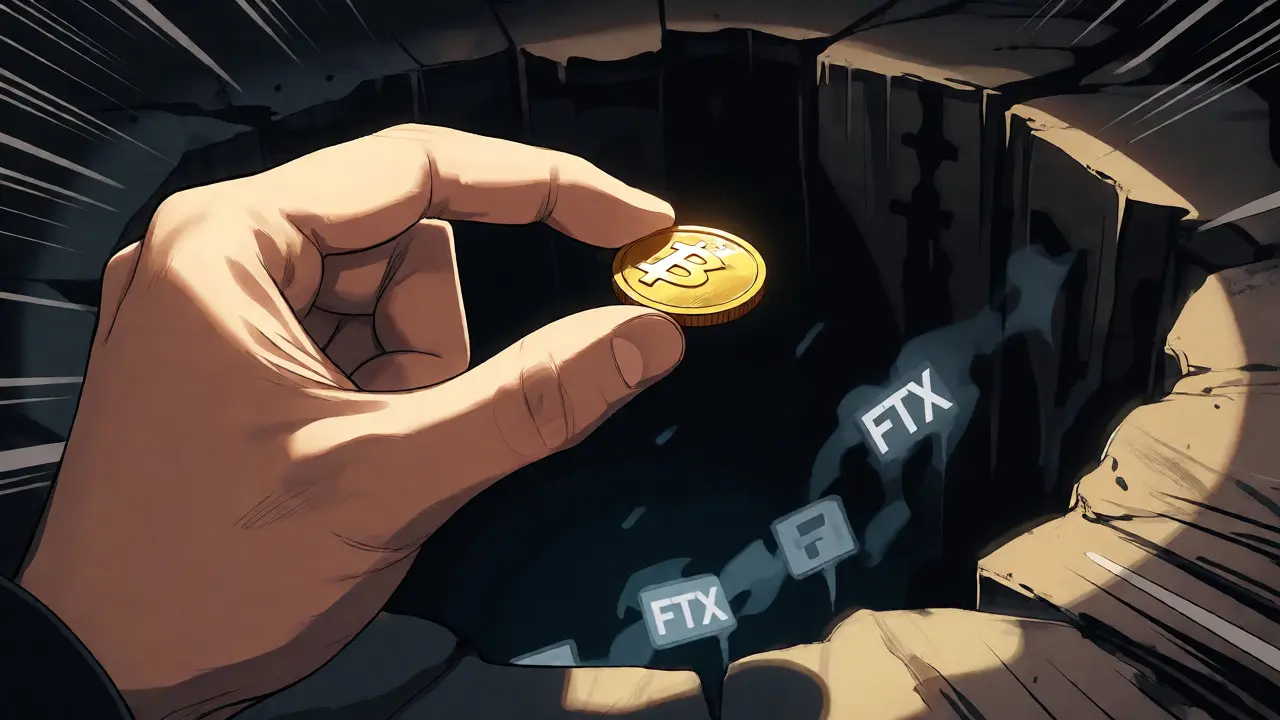 Hand holding a coin over a dark abyss with ghostly exchange silhouettes