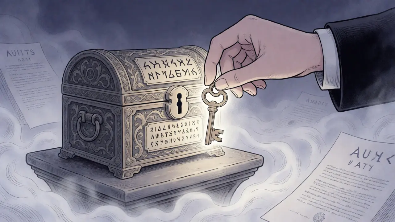 Hand holding a glowing key near a mysterious, fog-shrouded crypto vault.