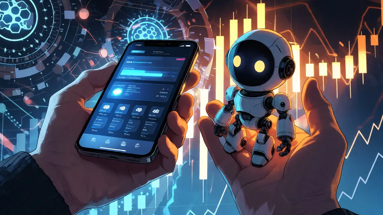 Hand holding a robot and phone amidst abstract blockchain data streams