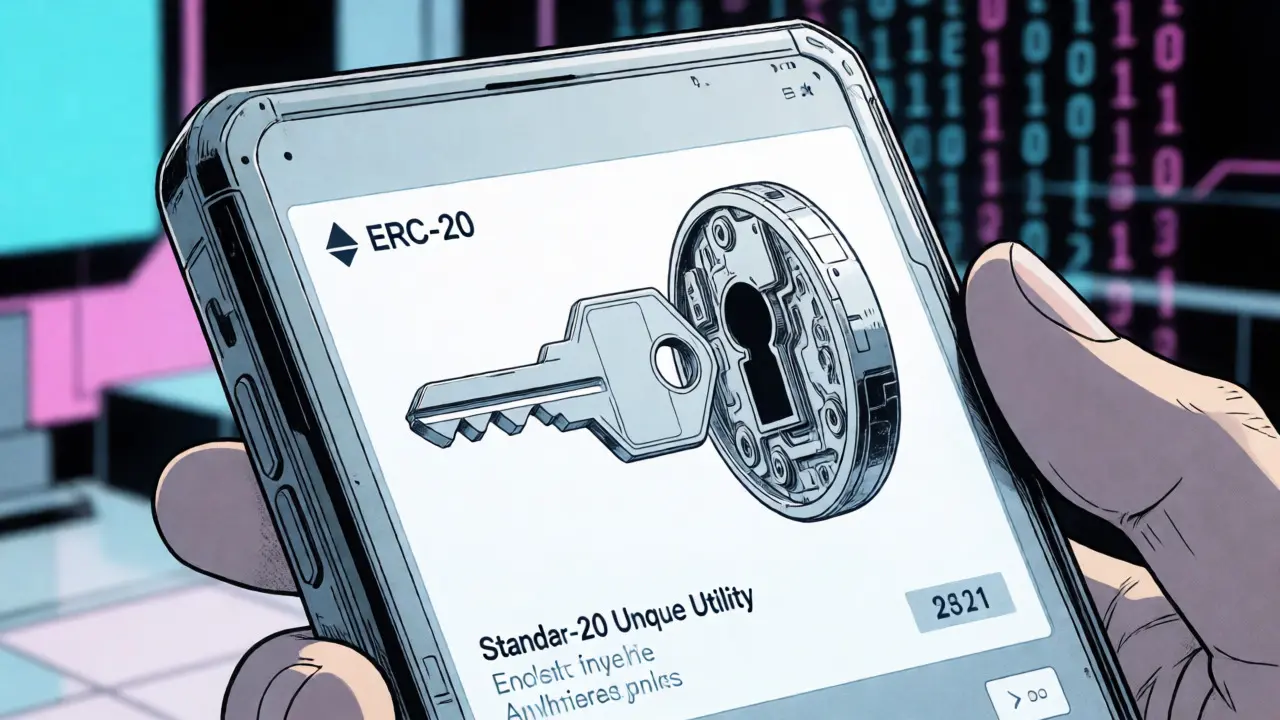 Hand holding device showing generic ERC-20 key failing to unlock unique utility