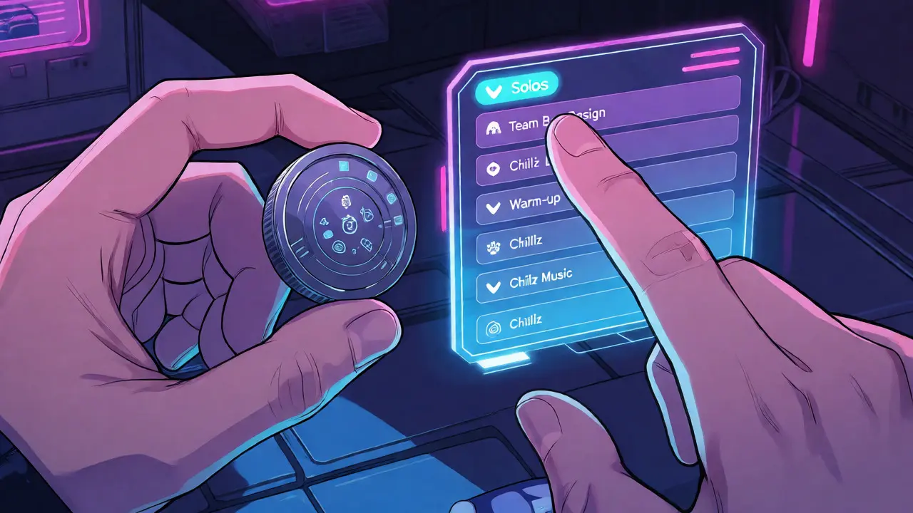 Hands interacting with a holographic Socios app interface for fan voting.