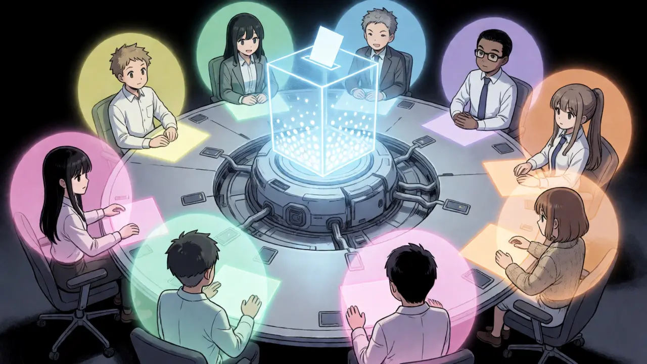 Holographic manga scene of diverse holders voting on DAO proposals