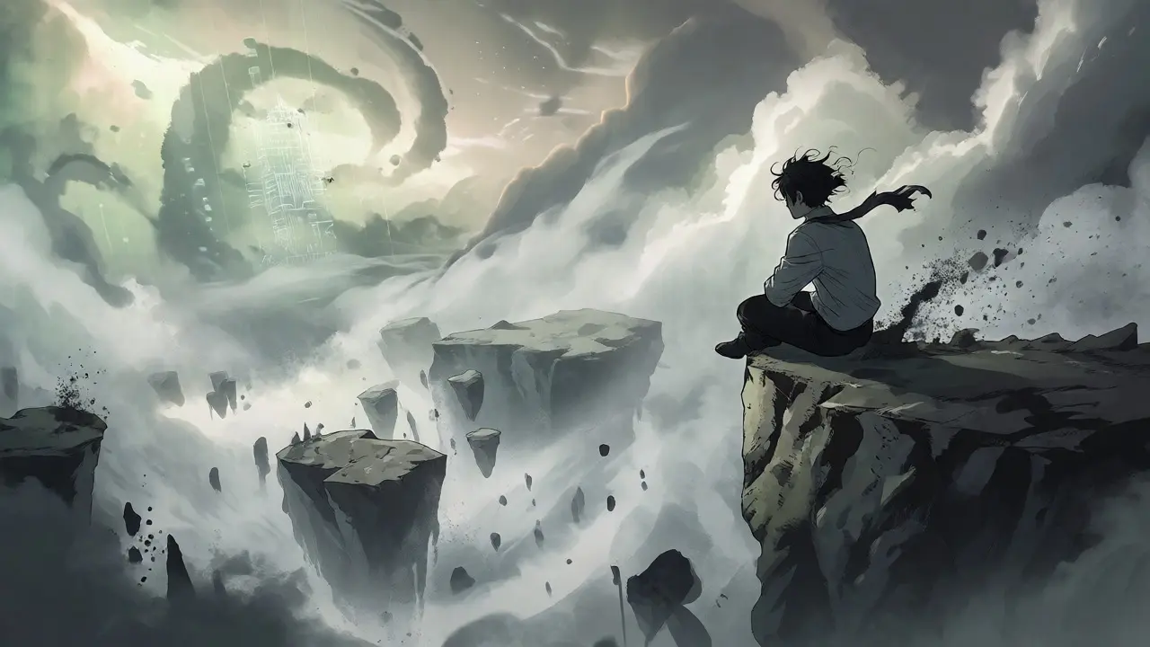 Investor contemplating risks on a cliff overlooking a foggy digital abyss