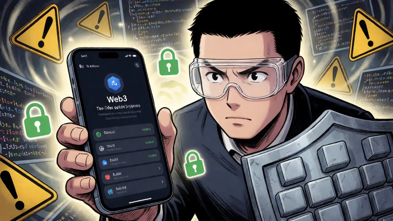 Investor using Web3 wallet surrounded by blockchain security warnings.