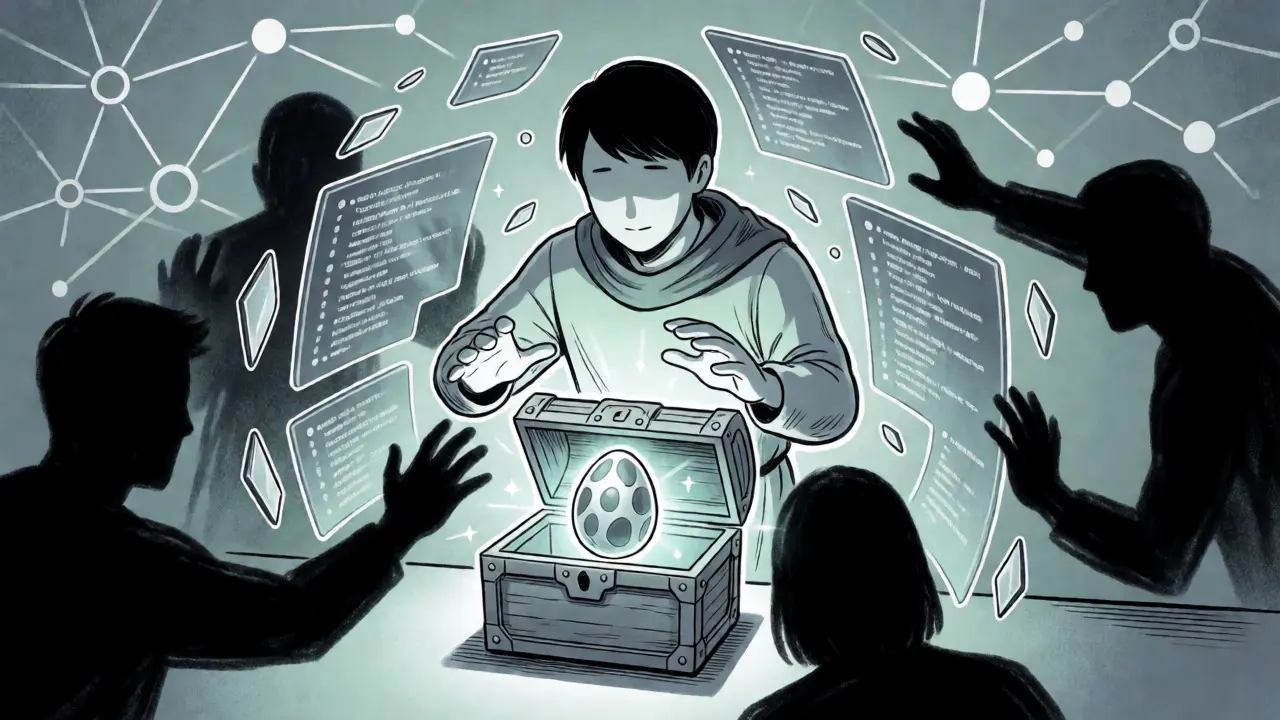 Manga illustration of a guardian protecting a digital treasure from scam shadows