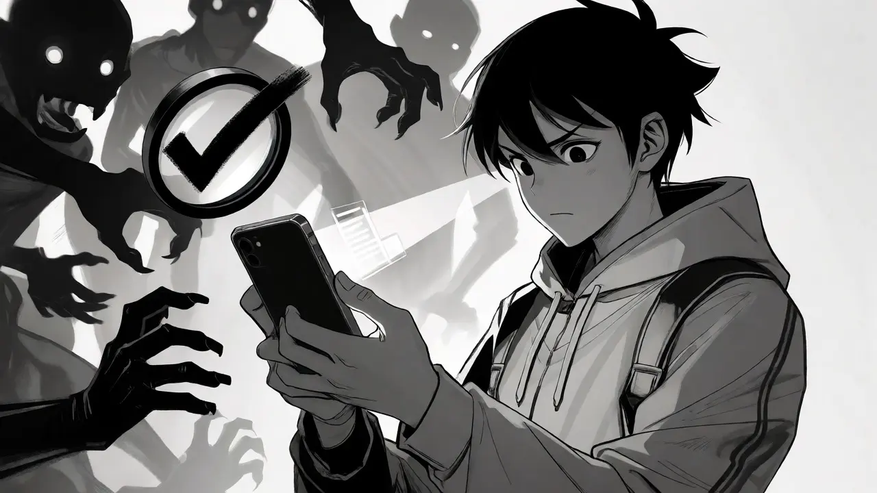 Manga illustration of an investor scrutinizing a crypto contract against shadowy scam threats.
