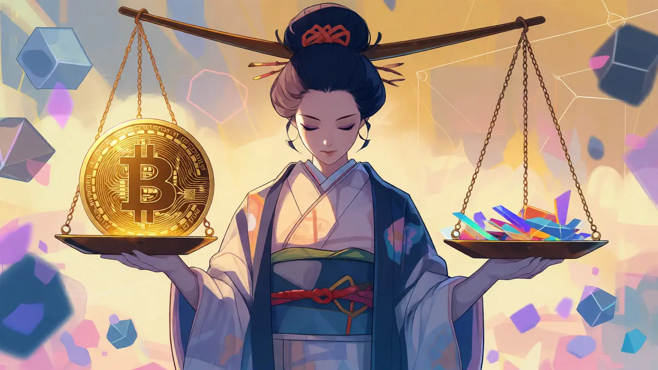 Manga-style balance scale weighing Bitcoin against altcoins and stablecoins.