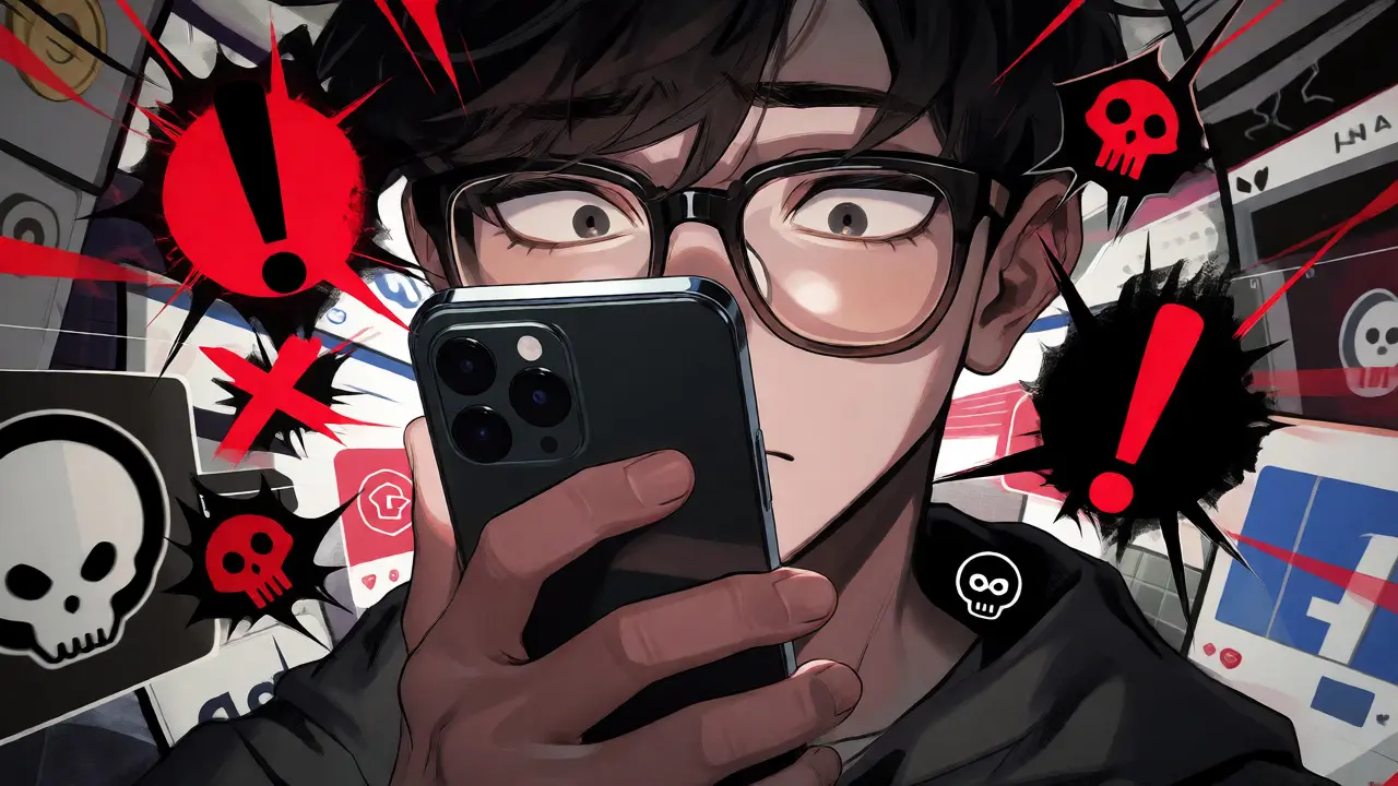 Person holding a phone surrounded by chaotic crypto scam warnings