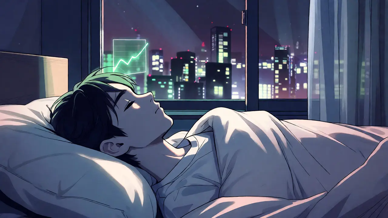 Person sleeping peacefully in manga style with a rising trend line projection.