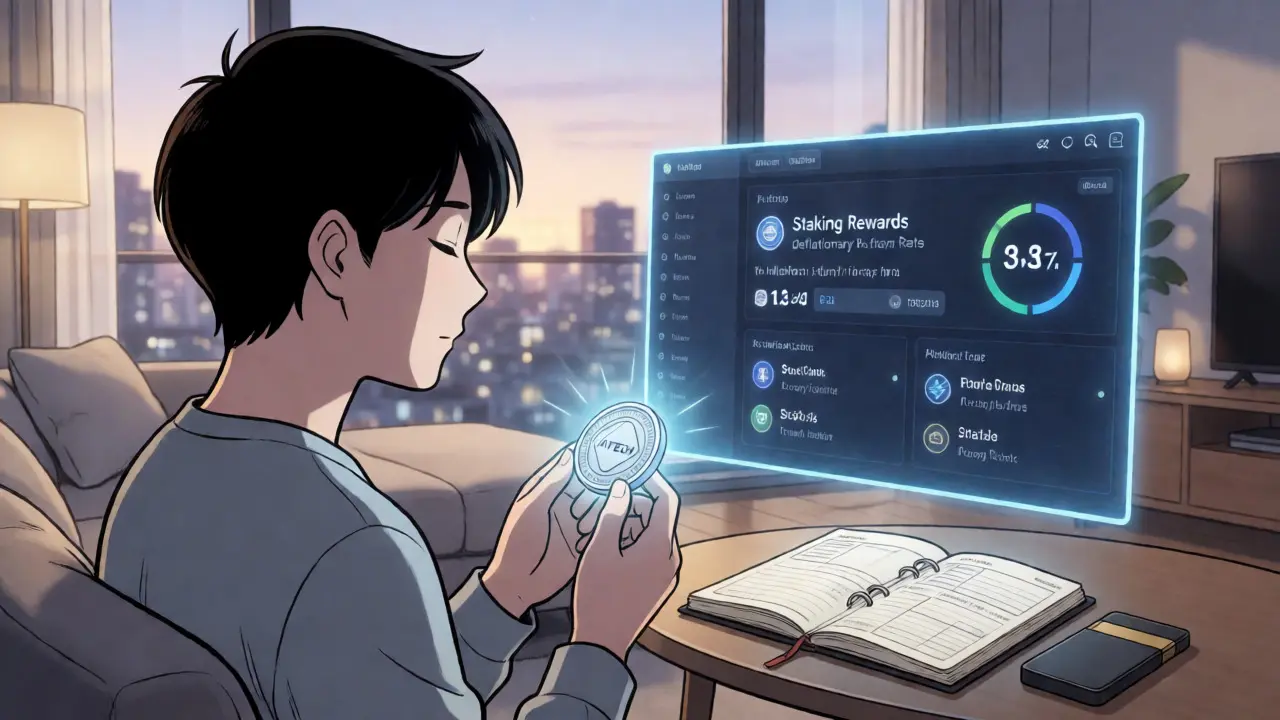Person viewing staking stats on a hologram while holding an AITECH token