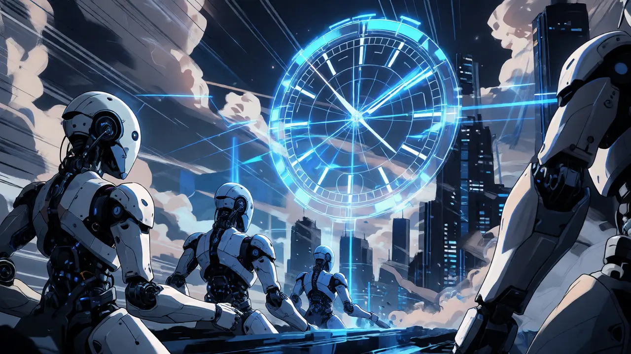 Robots synchronized by a giant holographic clock in a cyberpunk city