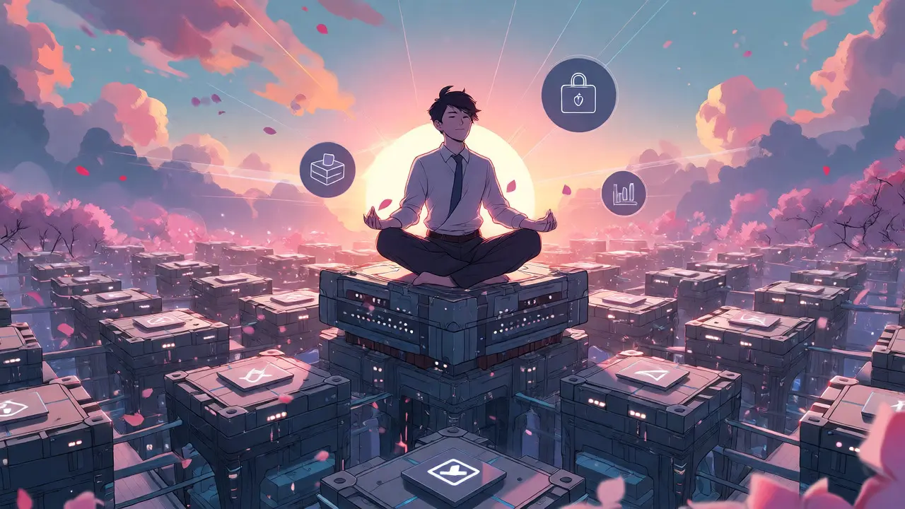 Serene anime figure meditating on a blockchain structure during a symbolic digital sunrise.