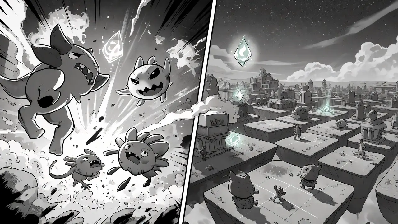 Split-panel manga art showing Axie battles and Decentraland virtual city
