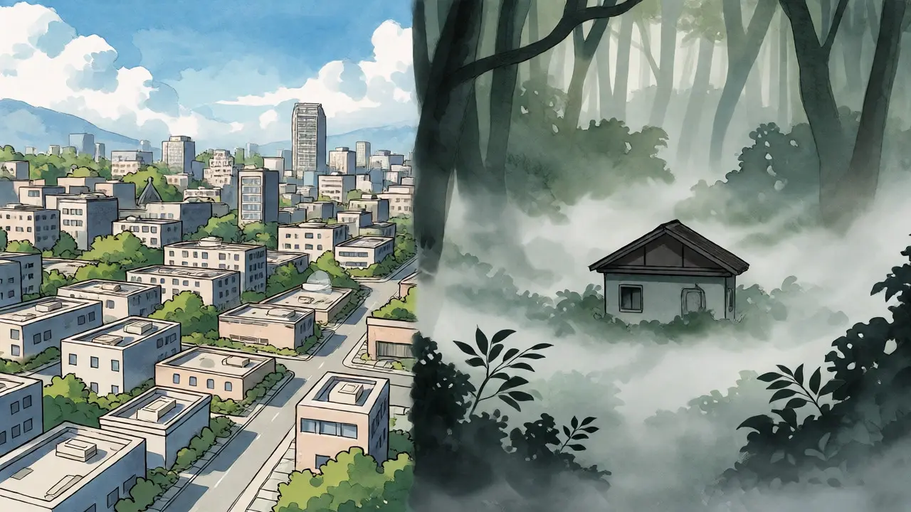 Split scene contrasting clear cities with a foggy, isolated Panama-based platform