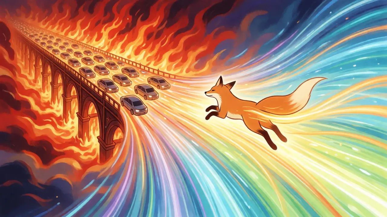 Stylized fox leaping from congested Ethereum to fast Solana and Polygon chains