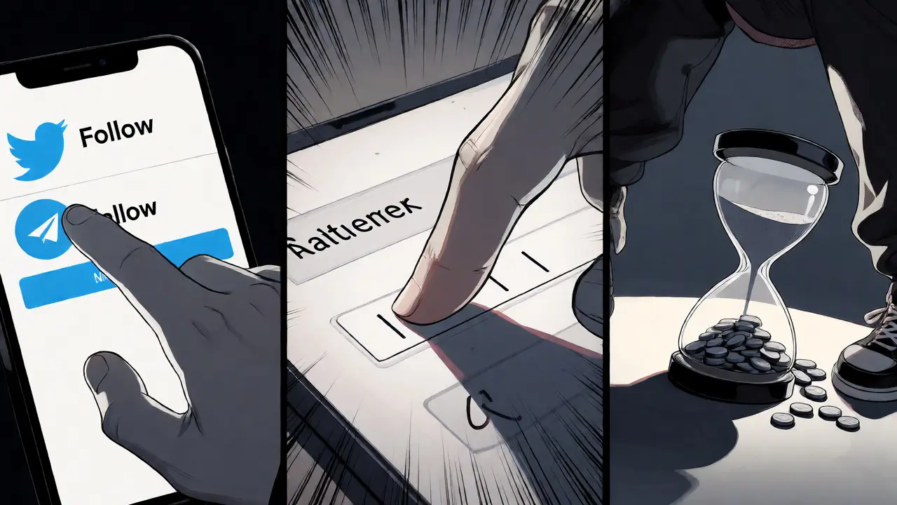 Three-panel manga sequence showing social media tasks and wallet submission for an airdrop.