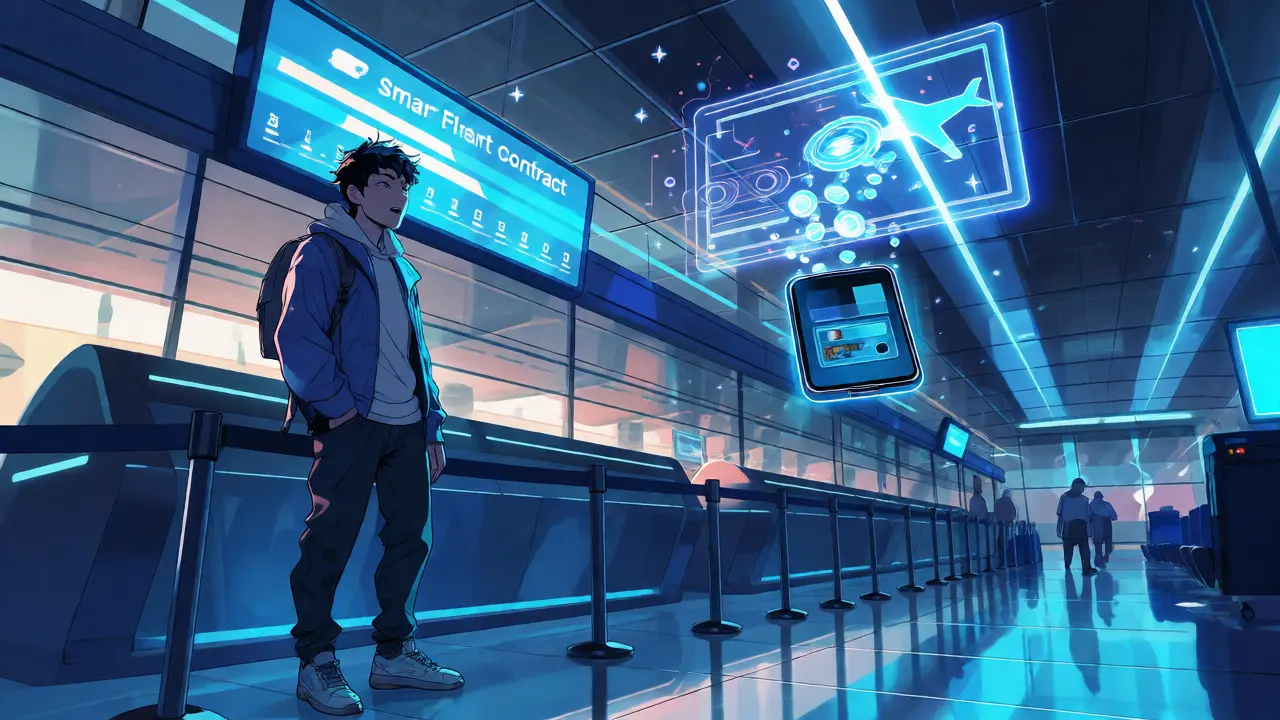 Traveler receiving instant digital payout via smart contract at airport.