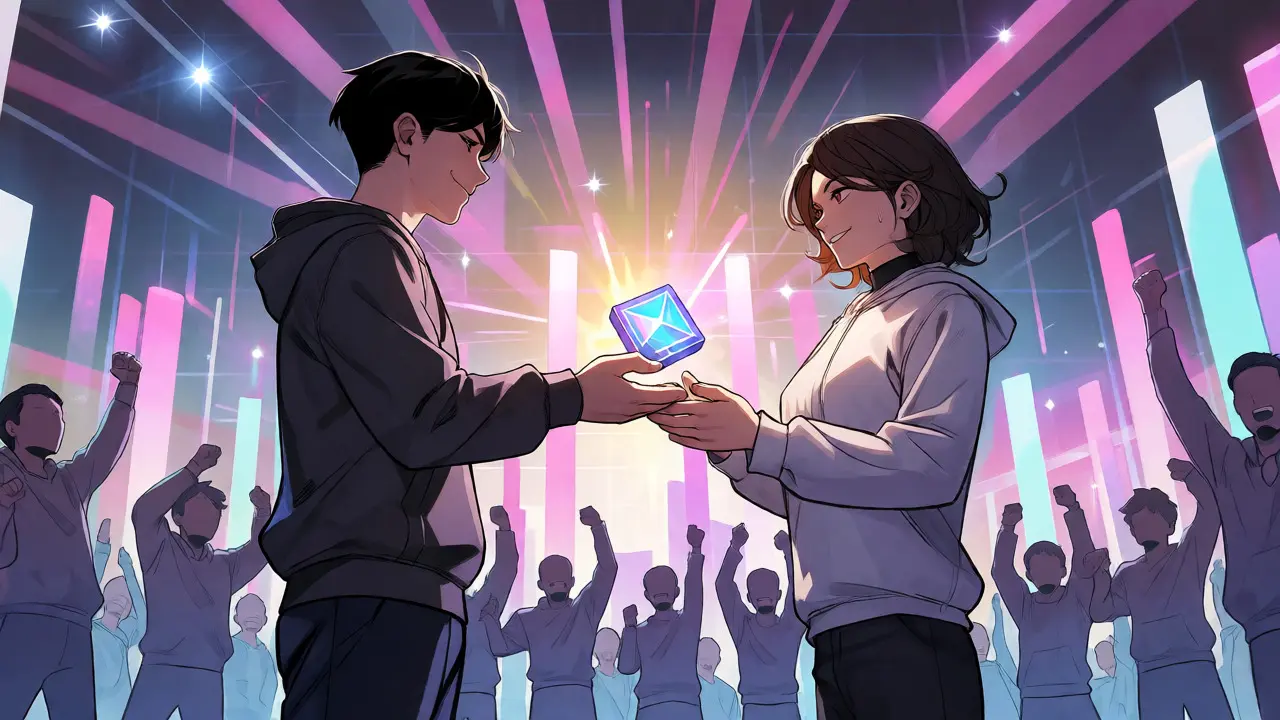 Two anime characters exchanging a glowing SWAPZ token amidst a celebratory crowd