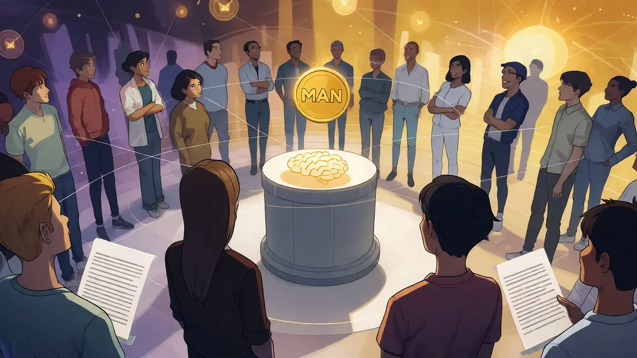 Virtual metaverse crowd gathered around a glowing MAN token and brainwave display
