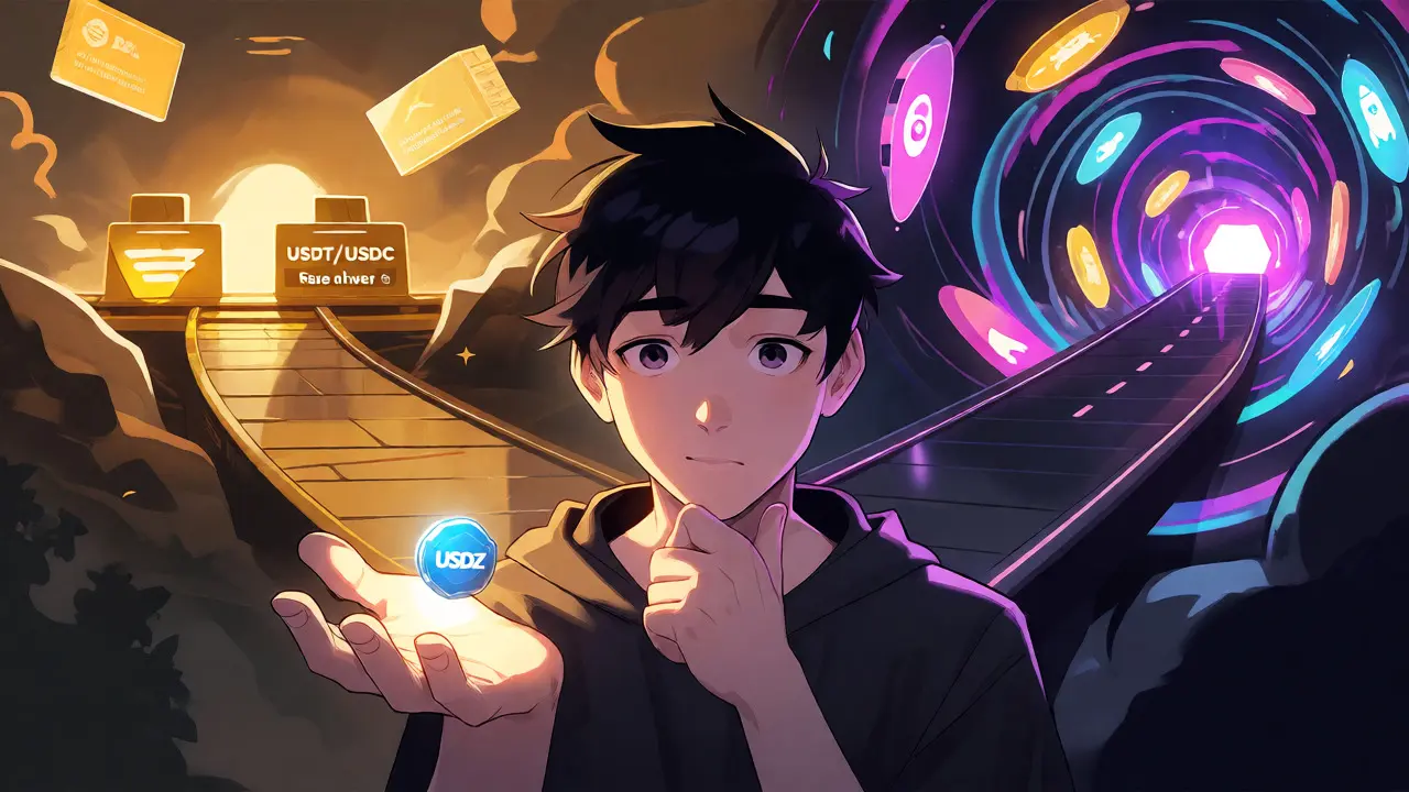 Anime character choosing between a stable bridge and a chaotic metaverse portal.