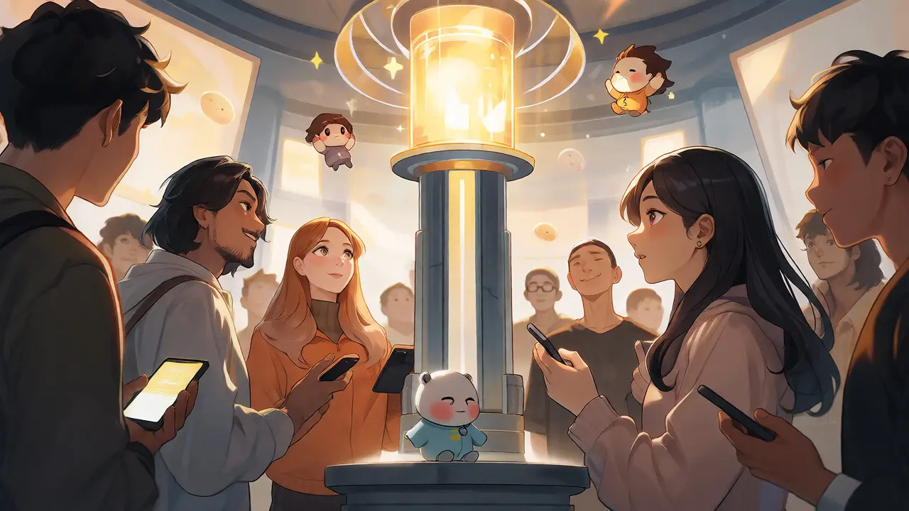 Community members gathering around a beacon of loyalty rewards