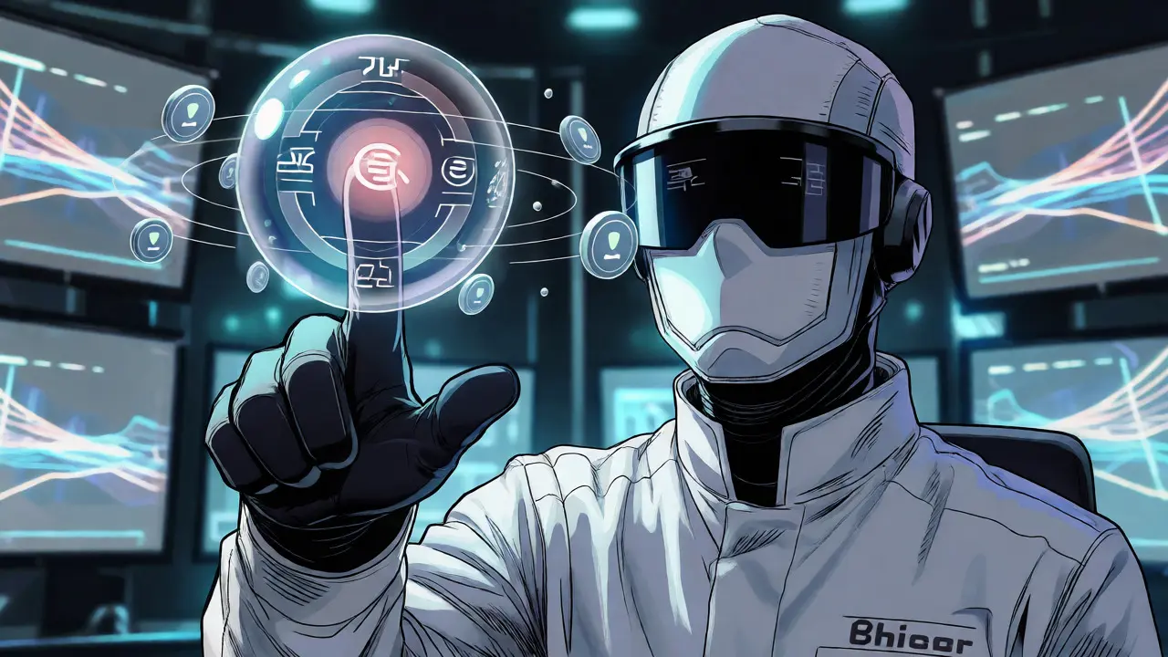 Cyberpunk character adjusting a holographic market cap weighting sphere in manga style.