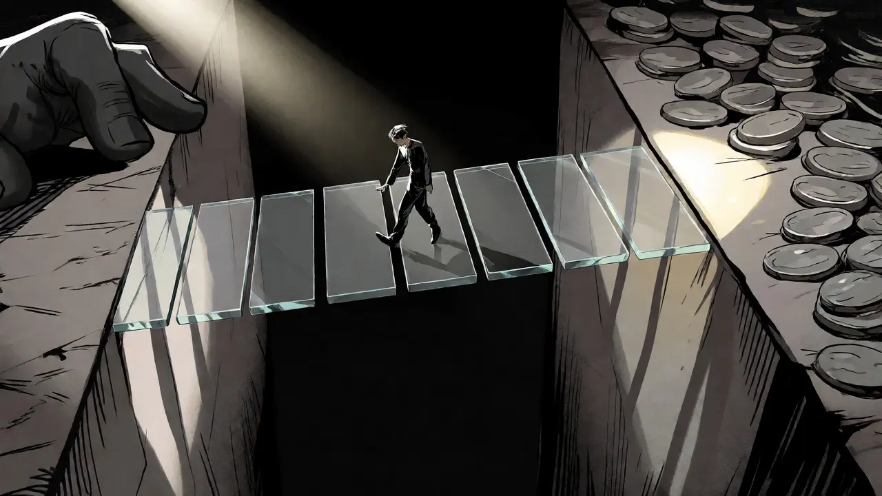 Figure on a fragile glass bridge over an abyss symbolizing low liquidity