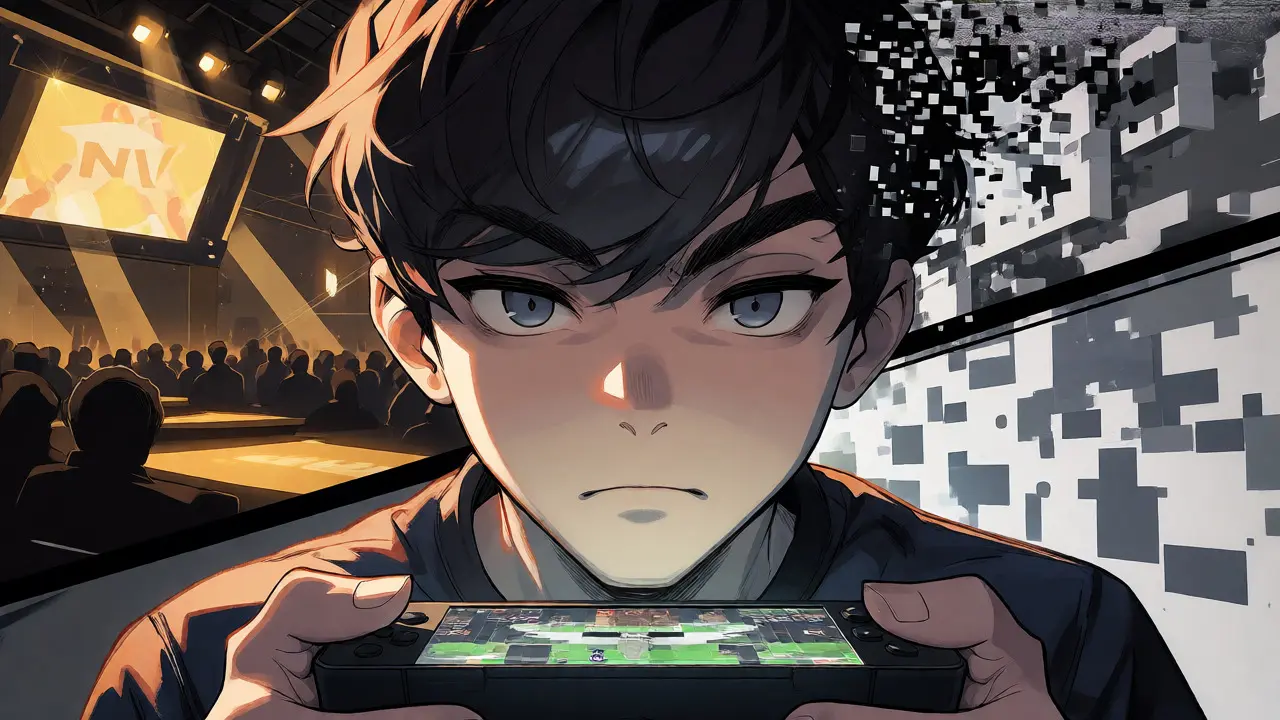 Focused gamer analyzing an eSports NFT platform with split future outcomes