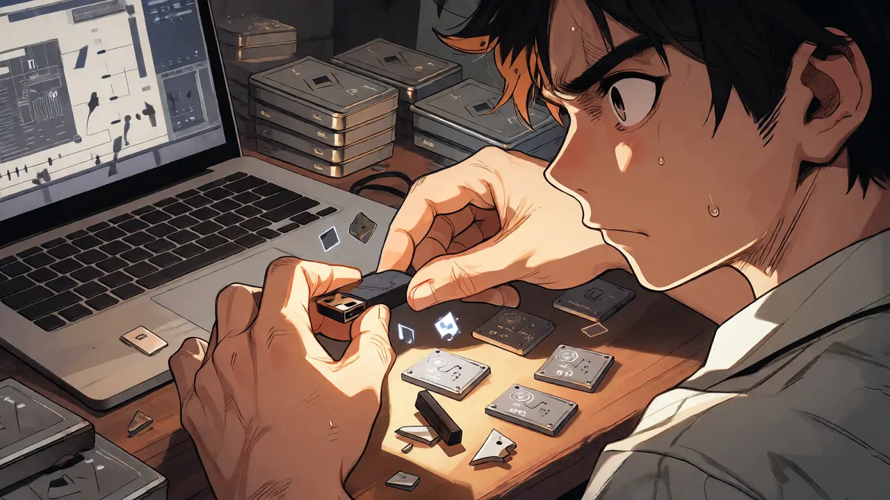 Focused person connecting USB to laptop surrounded by holographic data shards in manga style