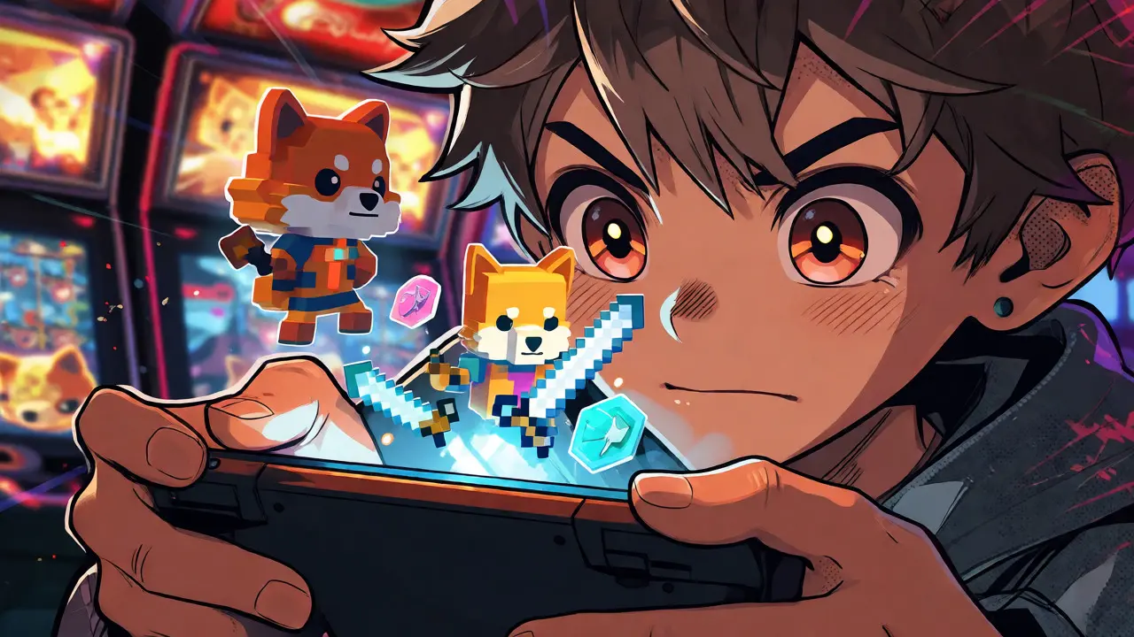 Gamer playing handheld console as NFTs burst out from the screen.