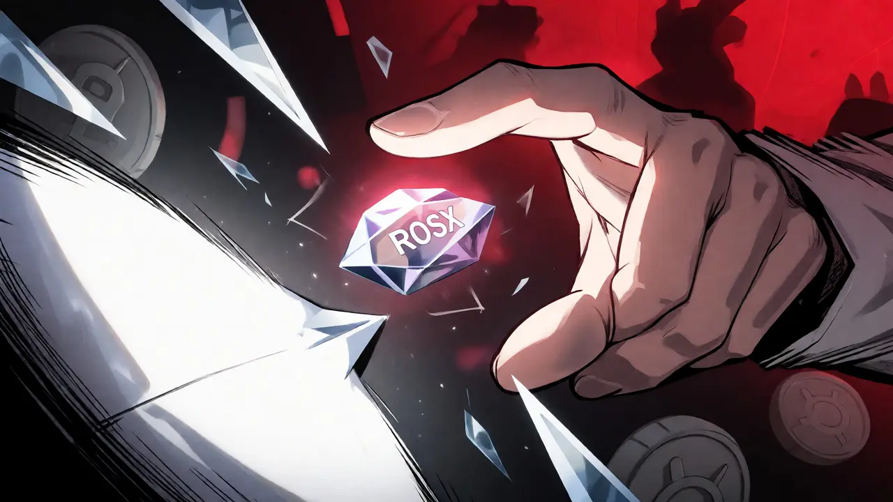 Hand reaching for a fragile glowing ROSX token amidst volatile shards