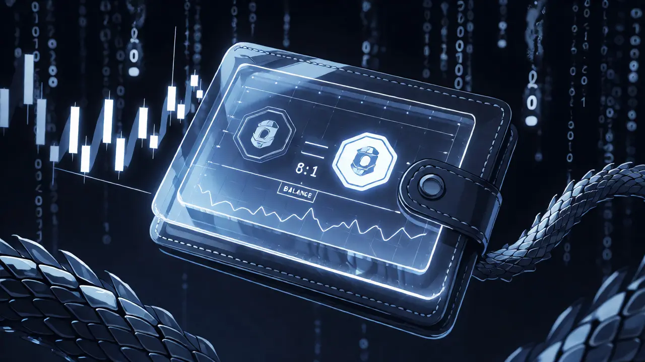 Manga close-up of a digital wallet showing a 1:1 token swap with volatile market charts.