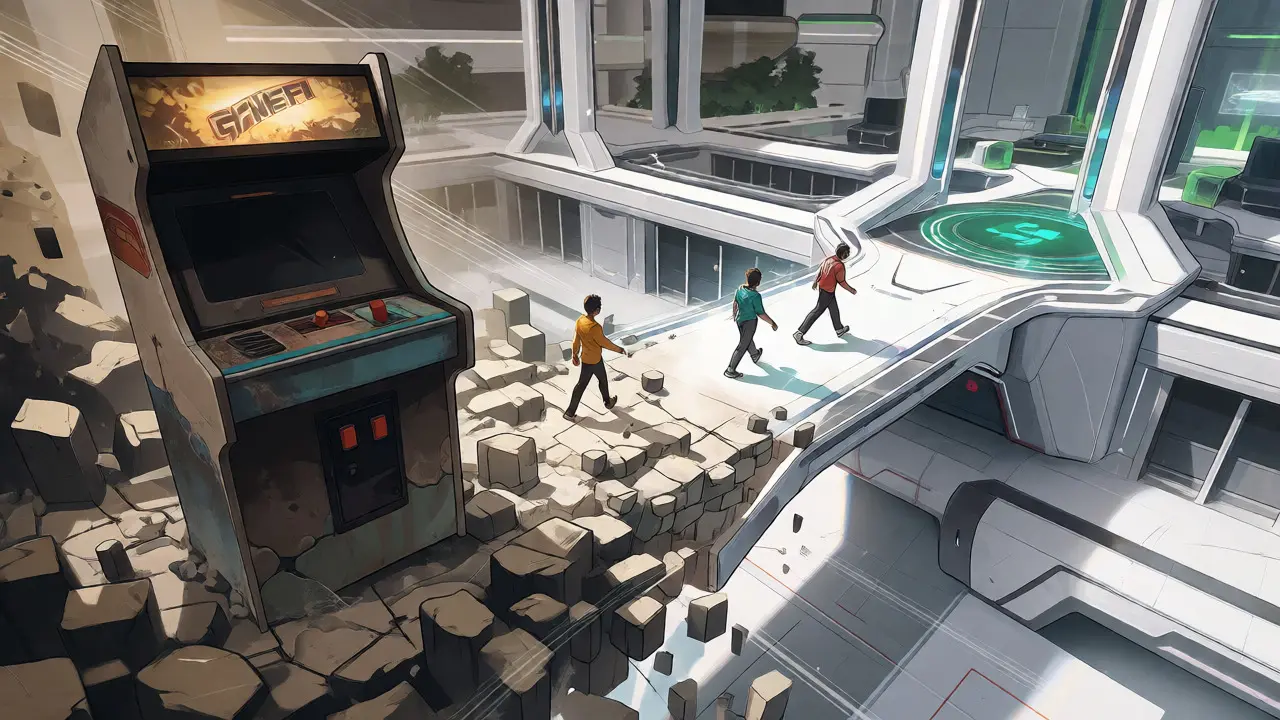 Manga illustration contrasting a decaying arcade game with a futuristic infrastructure hub.