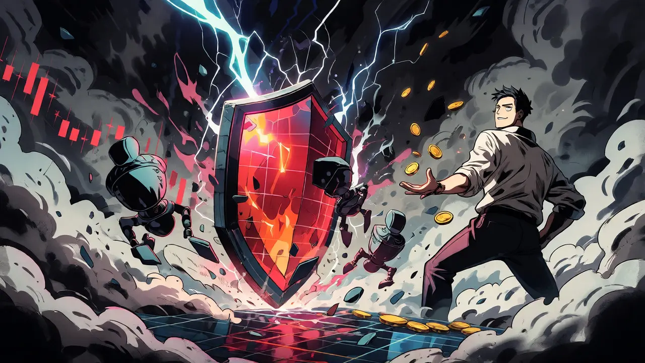Manga illustration of dynamic fees acting as a shield against volatile market attacks.