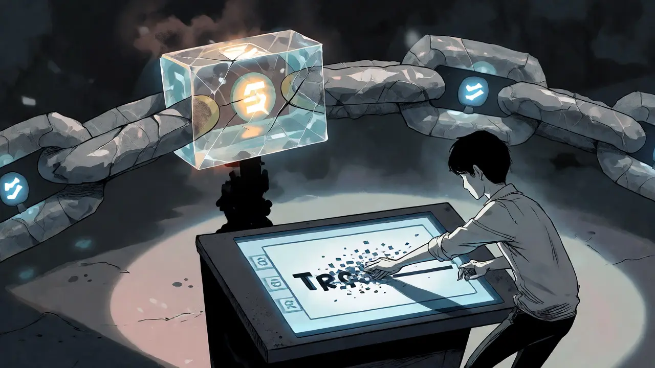 Manga illustration showing easy data editing versus an unbreakable chain of immutable blocks.