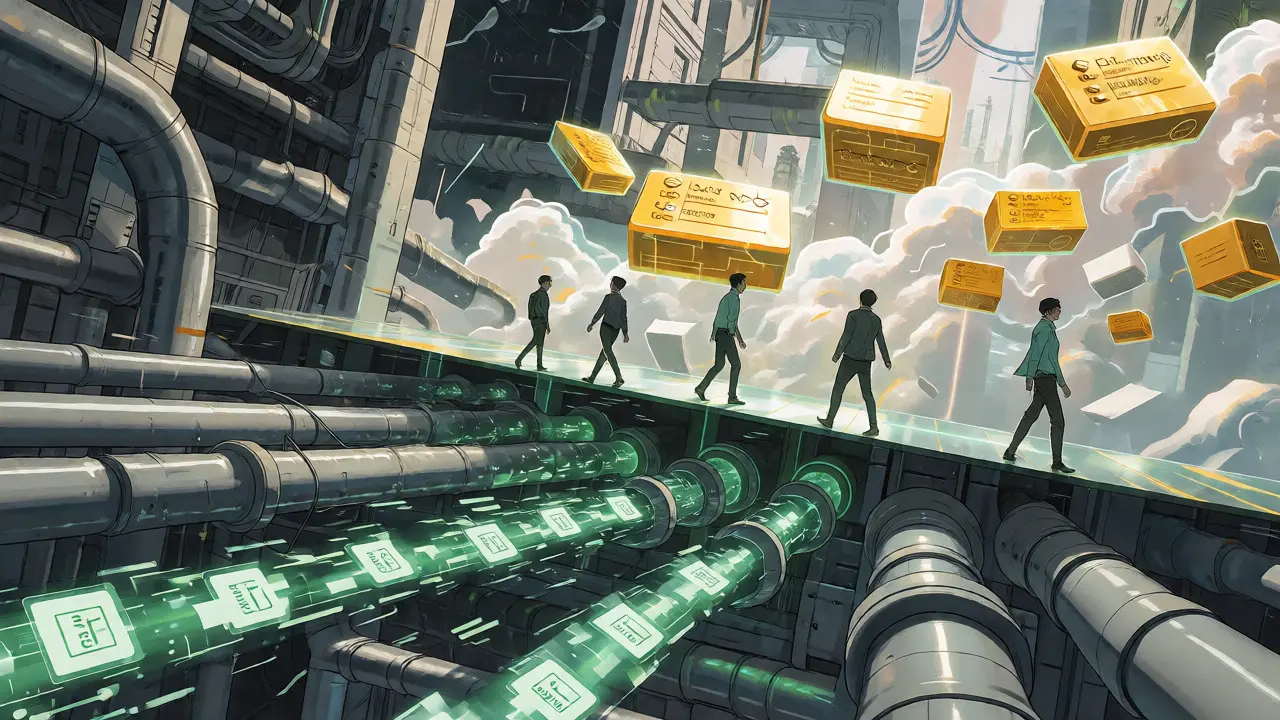 Manga scene of a hybrid system where fast data pipes connect to floating blockchain ledgers.