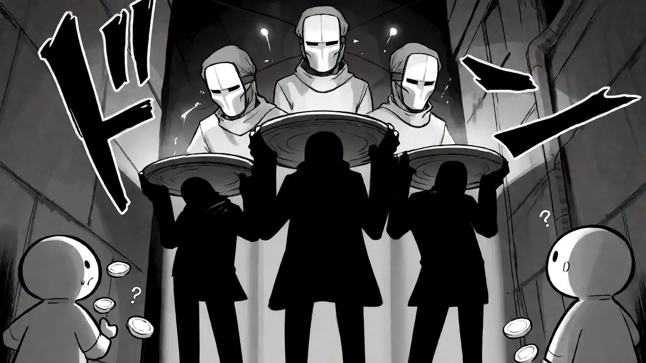 Manga scene showing masked bots concentrating airdropped tokens into few hands