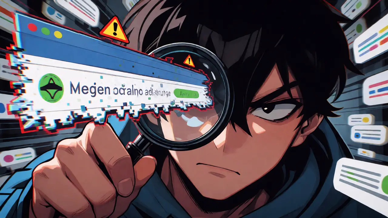 Manga-style character using a magnifying glass to inspect a glitching, suspicious crypto website interface.