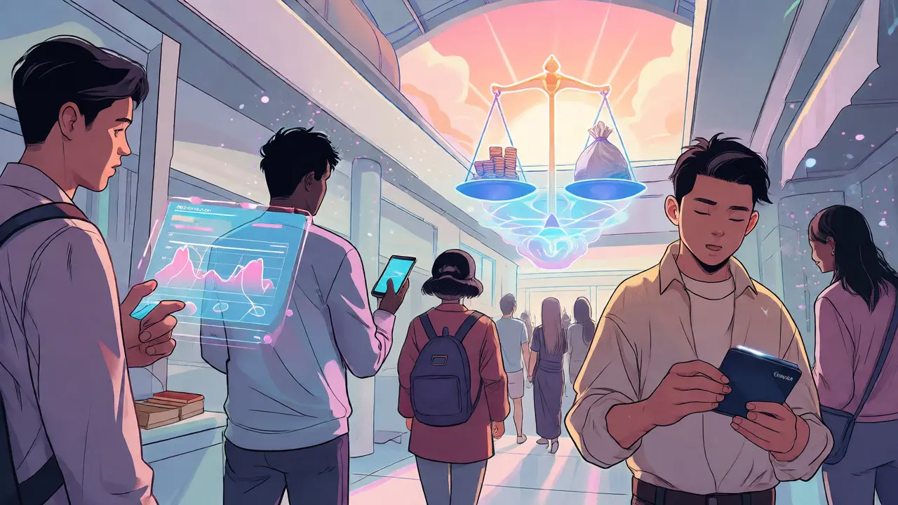 People interacting with holographic finance interfaces and hardware wallets