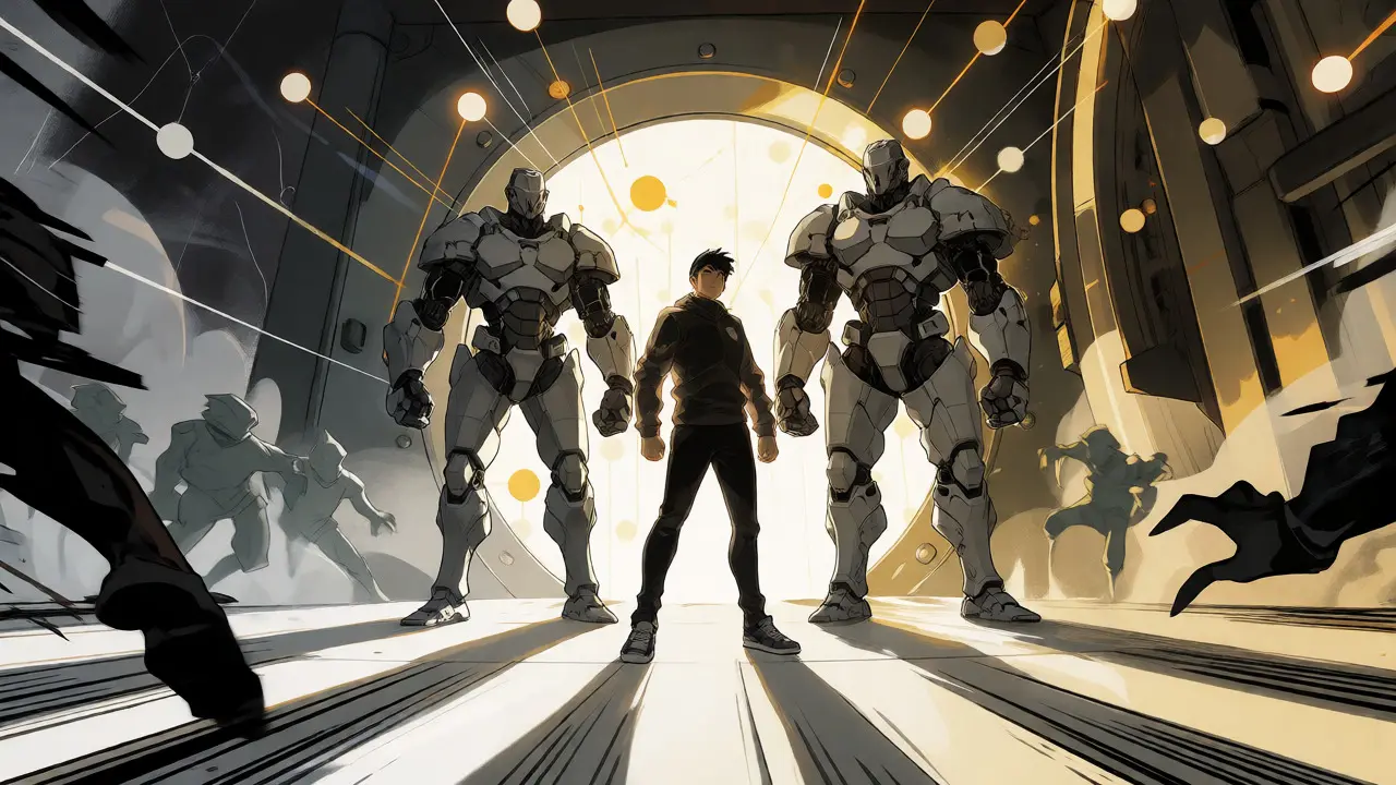 Protagonist guarded by two robotic key avatars against shadow glitches in manga style