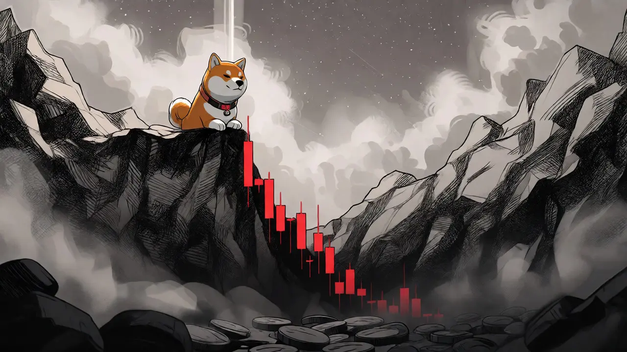 Shiba Inu sitting on a cliff of red stock charts overlooking an abyss.