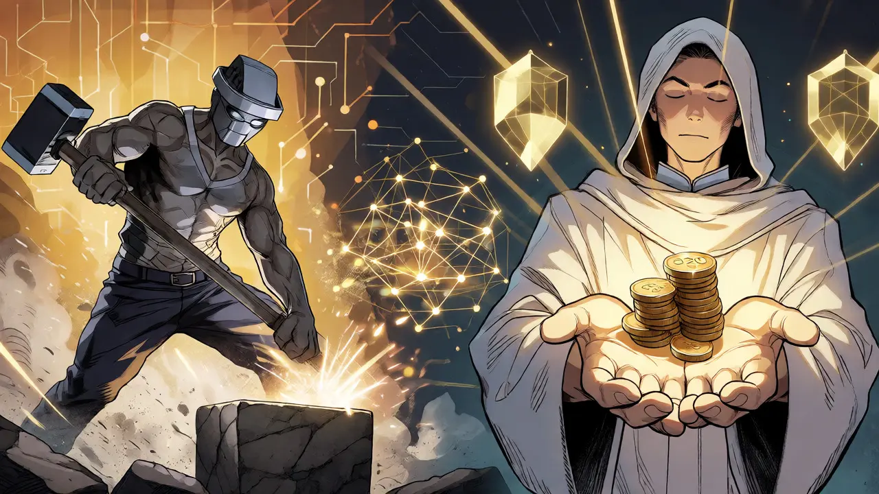 Split scene showing a miner hammering blocks and a validator staking coins
