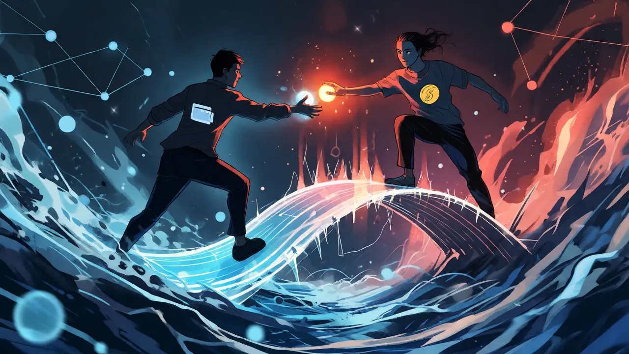 Two figures exchanging energy orbs across a glowing digital bridge in manga art.